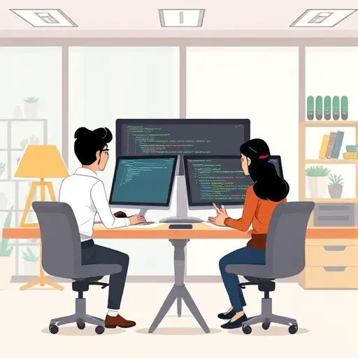 cartoon-style illustration showing a code-to-design workflow: