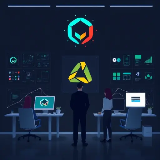 clean animated scene of AI logo exploration: grids, icon sketches, color palette chips, iterations on a dark canvas, minimal futuristic style, text-free