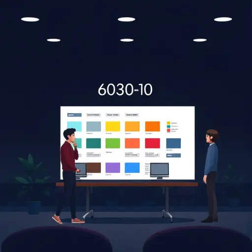 dark UI illustration of a minimalist logo design board showing color swatches arranged by the 60-30-10