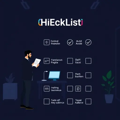 AI logo prompt checklist illustration, icons for brand values, color palette, typography, target audience, usage contexts; clean dark theme;; cartoon style;