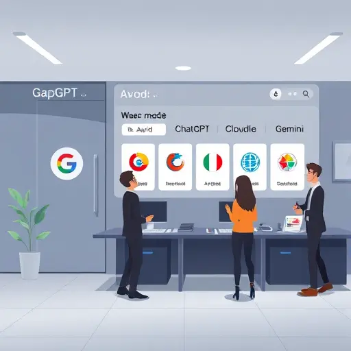 GapGPT platform interface illustration showing model selection (ChatGPT, Claude, Gemini) for AI logo generation, modern dark UI, subtle Persian-inspired accents,