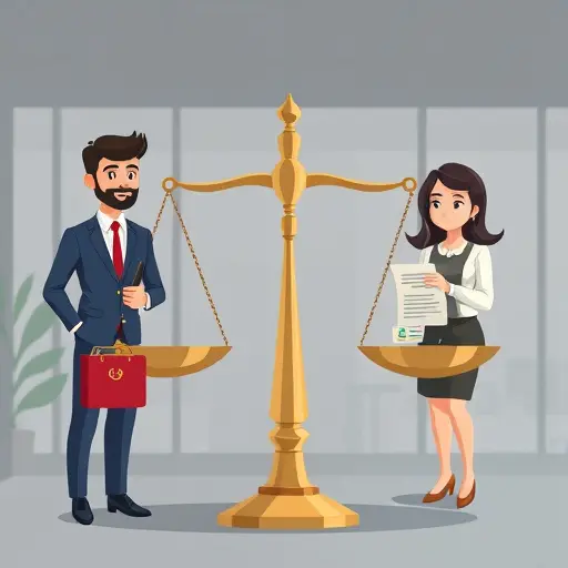 illustrated legal balance scale with contract and license icons, AI-