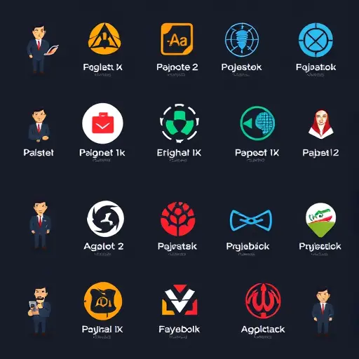 cartoon style logo variations grid on dark background, minimalist icons, wordmarks, mascot logos, diverse color palettes and typography, A/