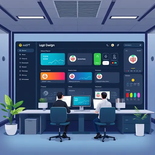 animated illustration of an Iranian AI platform dashboard (GapGPT) showing logo design workflow: brand brief, color palette, and prompt generation;