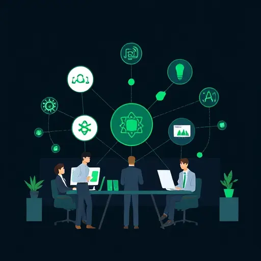 abstract illustration of AI synergy between ChatGPT, Claude, and Gemini for logo design, icons connected with flow lines, dark background, emerald green accents, minimal, text-free