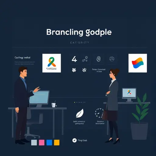 minimalist branding guide illustration with color swatches, font samples, and simple logo icons, dark theme UI, elegant, text-free