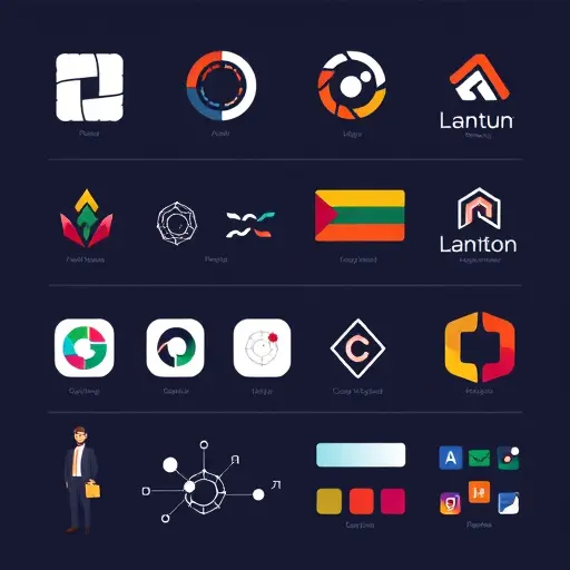 animated brand style board showing geometric and minimal logo sketches, harmonious color swatches, and icon shapes; dark theme; modern tech feel;; --ar 4:3