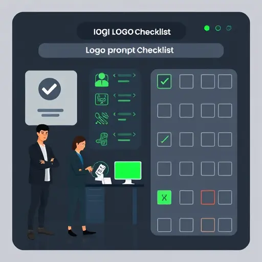 animated illustration of an AI logo prompt checklist: icons for brand identity, color palette swatches, typography, icon shape, negative prompt filter;; dark UI with green accents; modern flat style; high contrast; text-free