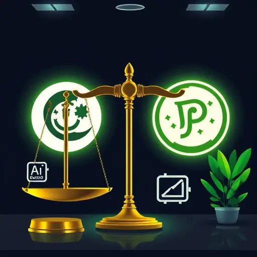 animated illustration of legal scales, copyright and trademark icons beside AI-generated logo assets, dark #171717 background, green accents #94d3a2