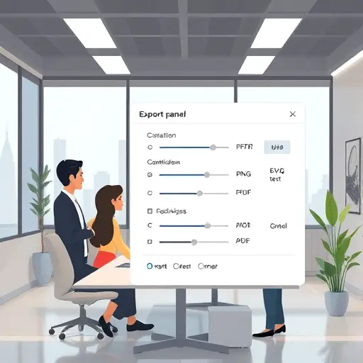 clean export panel illustration showing SVG, PNG, PDF options, optimization sliders, CMYK/