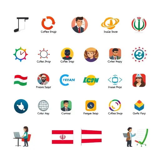 cartoon-style grid of sample minimal logos for small businesses (coffee shop, online store, freelancer, startup)