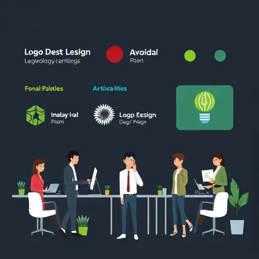 clean illustration of logo design fundamentals: font pairing samples, simple icon shapes, color palette swatches and contrast checker, dark background, green accents, text-free