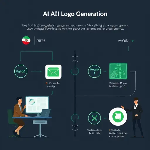 abstract AI logo generation flowchart, steps visualized as icons (briefcase for brand identity, prompt bubble, variations grid, export icon), cartoon style, dark theme with green accent, no text