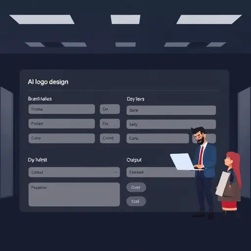 clean animated illustration of an AI logo design prompt template on a dark UI, with fields for brand values, style, colors, do/don’t, output format;