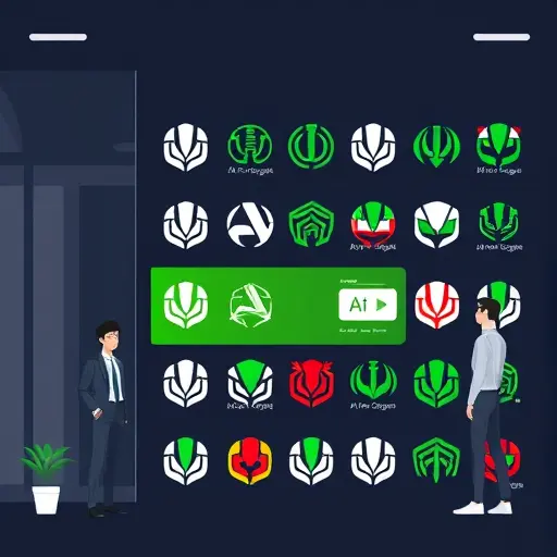 clean illustration showing multiple AI-generated logo variations on a grid, with a highlighted selected option and an edit icon; dark background, green accents, text-free