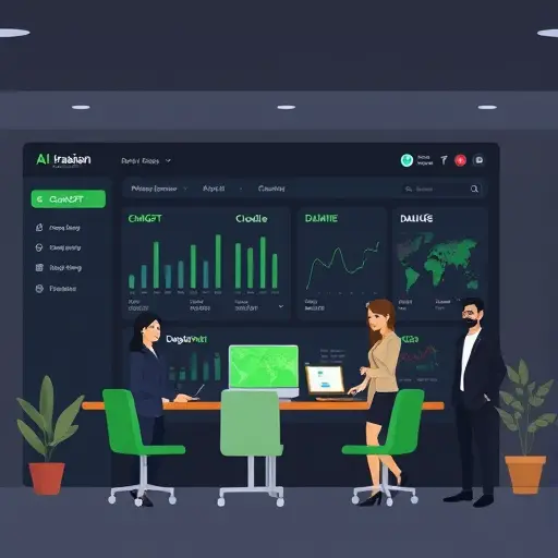 modern illustration of an Iranian AI platform dashboard in dark theme, showing tabs for ChatGPT, Claude, Gemini, and DALL·E, green accent #94d3a2