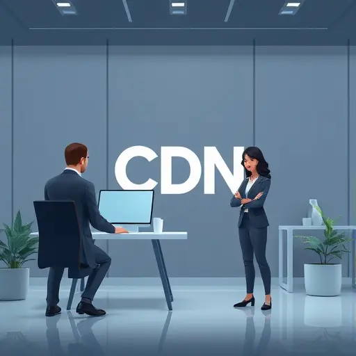 abstract illustration showing CDN caching and responsive images with srcset/sizes for a website logo, performance-