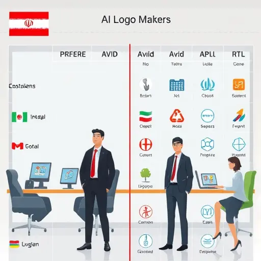animated comparison chart of AI logo makers, split into columns:; icons for SVG export, fonts, RTL support;