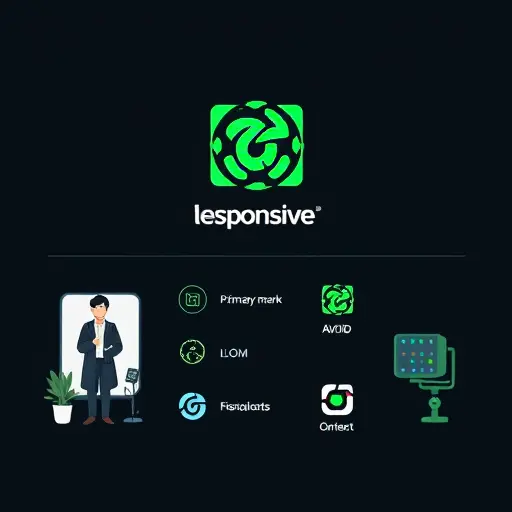 responsive logo system illustration showing primary mark, mono icon, small favicon on a grid, clean negative space, tech style, dark background with green accents, text-free