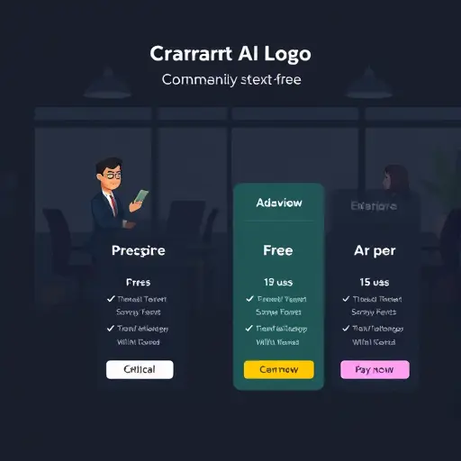 dark-themed pricing comparison illustration for AI logo builders, cards showing free, pay-per-