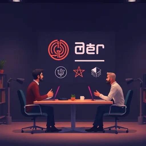 minimalist animated scene of an Iranian startup team reviewing AI-generated logo options on a dark-