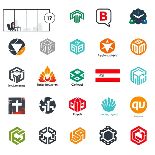 grid of abstract logo mark variations (geometric shapes, monogram letters, negative space)