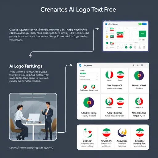 clean infographic illustration showing AI logo creation workflow: prompt writing, model selection (ChatGPT, Claude, Gemini), variations grid, edit panel, export as SVG/PNG, dark theme, minimal icons, text-free