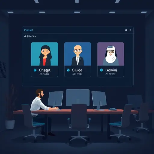 modern AI platform interface illustration in dark theme, selecting AI models (chatgpt, claude, gemini)