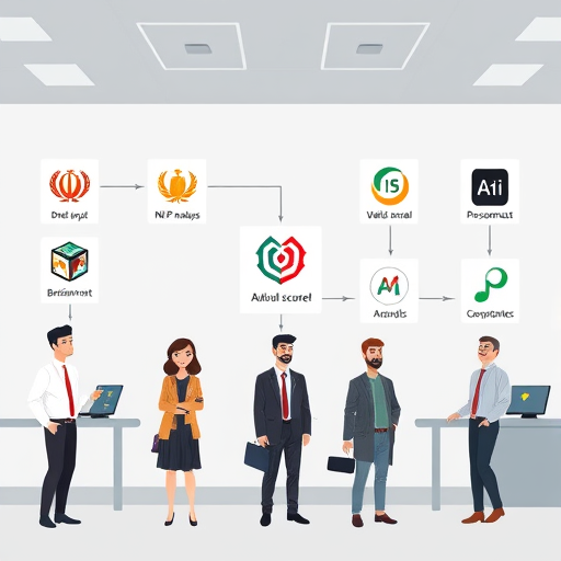 cartoon style flowchart of AI logo generation pipeline: brief input, NLP brand analysis, diffusion model icon creation, automatic scoring, and vectorization to