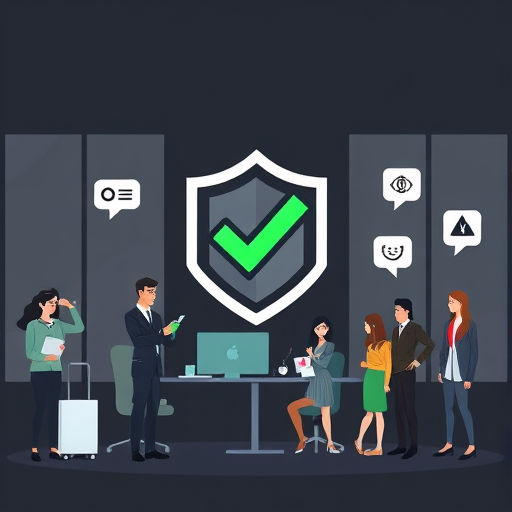 abstract shield around a geometric logo mark, with checkmarks and legal icons, dark background with green accent