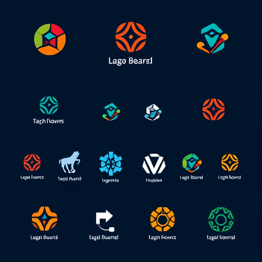 logo style board, multiple abstract logo icons in different styles (minimal, geometric, mascot, emblem)