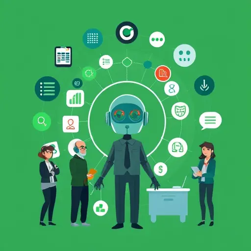 animated illustration showing an AI agent at the center, surrounded by icons of tasks like calendar, graphs, chat bubbles, and documents, all automated in a workflow, clean green and dark palette, text-free
