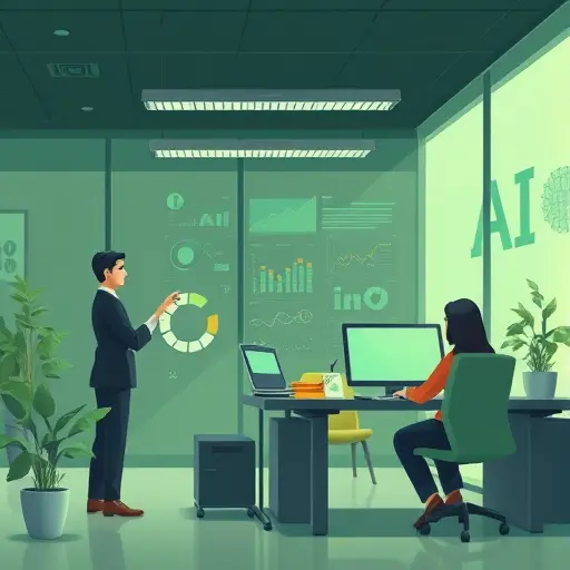 cartoon style illustration of a business office using AI agents: chatbots, data analytics, automated scheduling, friendly digital assistants, green and dark theme, no text