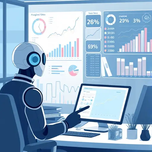 illustration of an AI agent analyzing big data charts, predictive graphs, digital dashboard, animated analysis icons, seamless data flow, no text
