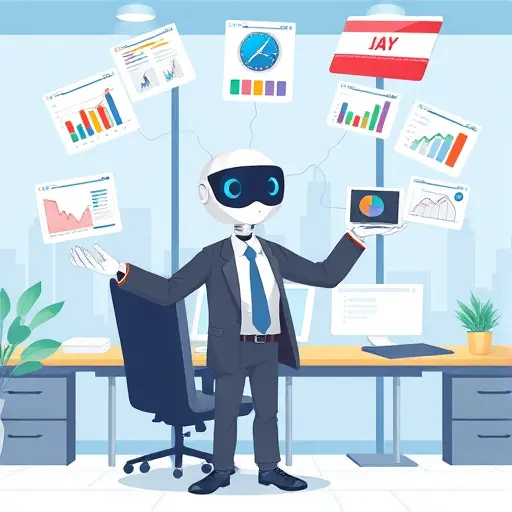 productivity themed illustration, animated AI agent juggling multiple app windows (calendar, email, charts)