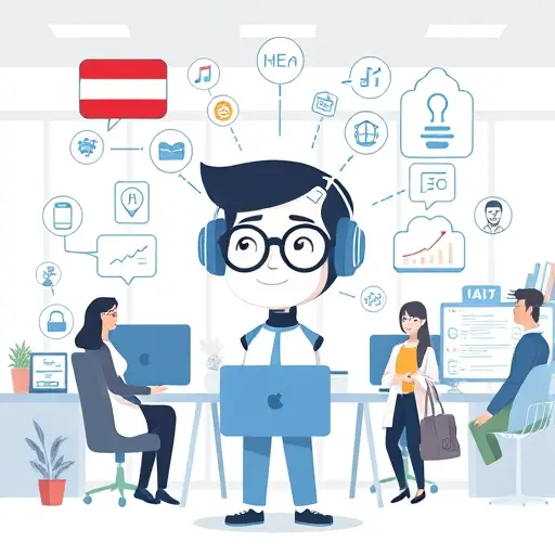 modern animated illustration showing a virtual AI agent surrounded by chat bubbles, icons for productivity, and cloud symbols, clean cartoon style, text-