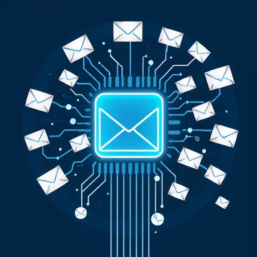 abstract illustration showing an artificial intelligence processor with envelopes and digital messages flowing around, symbolizing email automation, clean vector design, no text