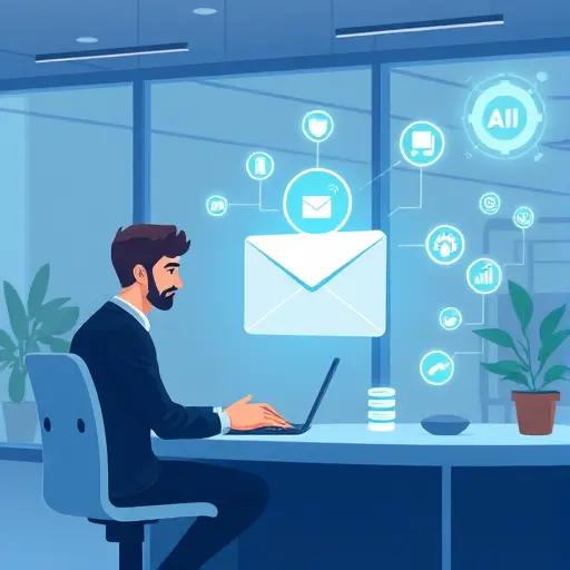 modern, animated illustration of writing and sending an email using an artificial intelligence interface, with glowing AI icons, productivity atmosphere, text-free