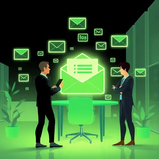 abstract digital representation of AI boosting email productivity and personal branding, illustrated glowing keywords with email icons, green and black color palette, no text