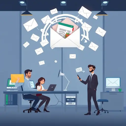 technology illustration showing challenges in email overflow and AI solution, animated characters with messy inbox and AI assistant organizing, clean design, no text
