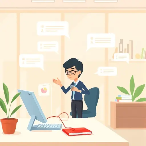 animated illustration of a digital assistant reviewing and replying to emails, technology UI, chat bubbles, productivity scene, no text