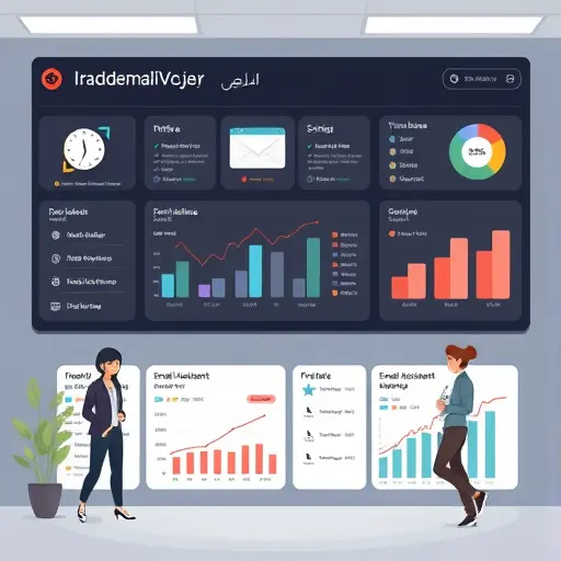 illustrated productivity dashboard showing email AI assistant, charts for time saved and increased efficiency, cartoon style, dark background, no text