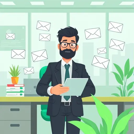 cartoon-style illustration of a busy office worker using an AI-powered email assistant, animated emails being sorted automatically, bright tech green colors, no text