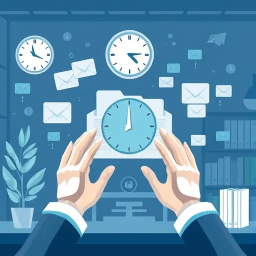 illustration of AI-powered inbox management, digital files, clock, animated hands efficiently sorting emails, high-tech style, text-free