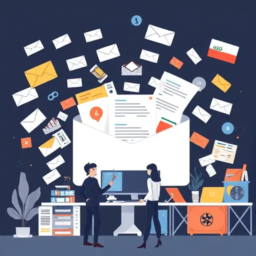 illustration of a crowded email inbox with animated AI assistant arranging and filtering messages, abstract icons for common challenges, clean dark background, no text