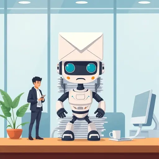 cartoon illustration of stacked emails with an AI assistant robot sorting and managing them efficiently, bright and simple icons, text-free