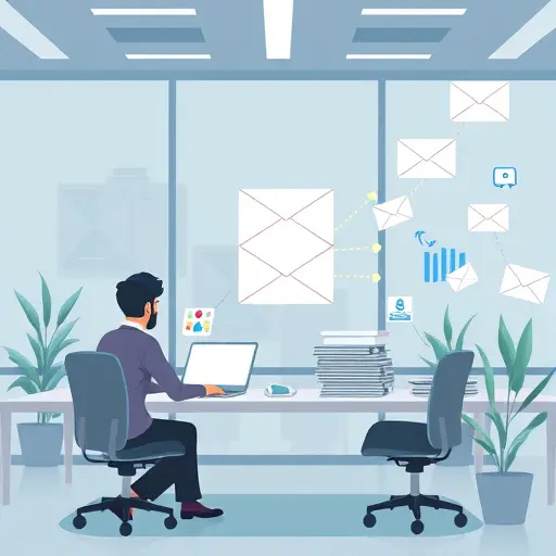 animated scene showing an office worker using AI to quickly respond to a stack of emails, team productivity rising, high-tech icons, no text