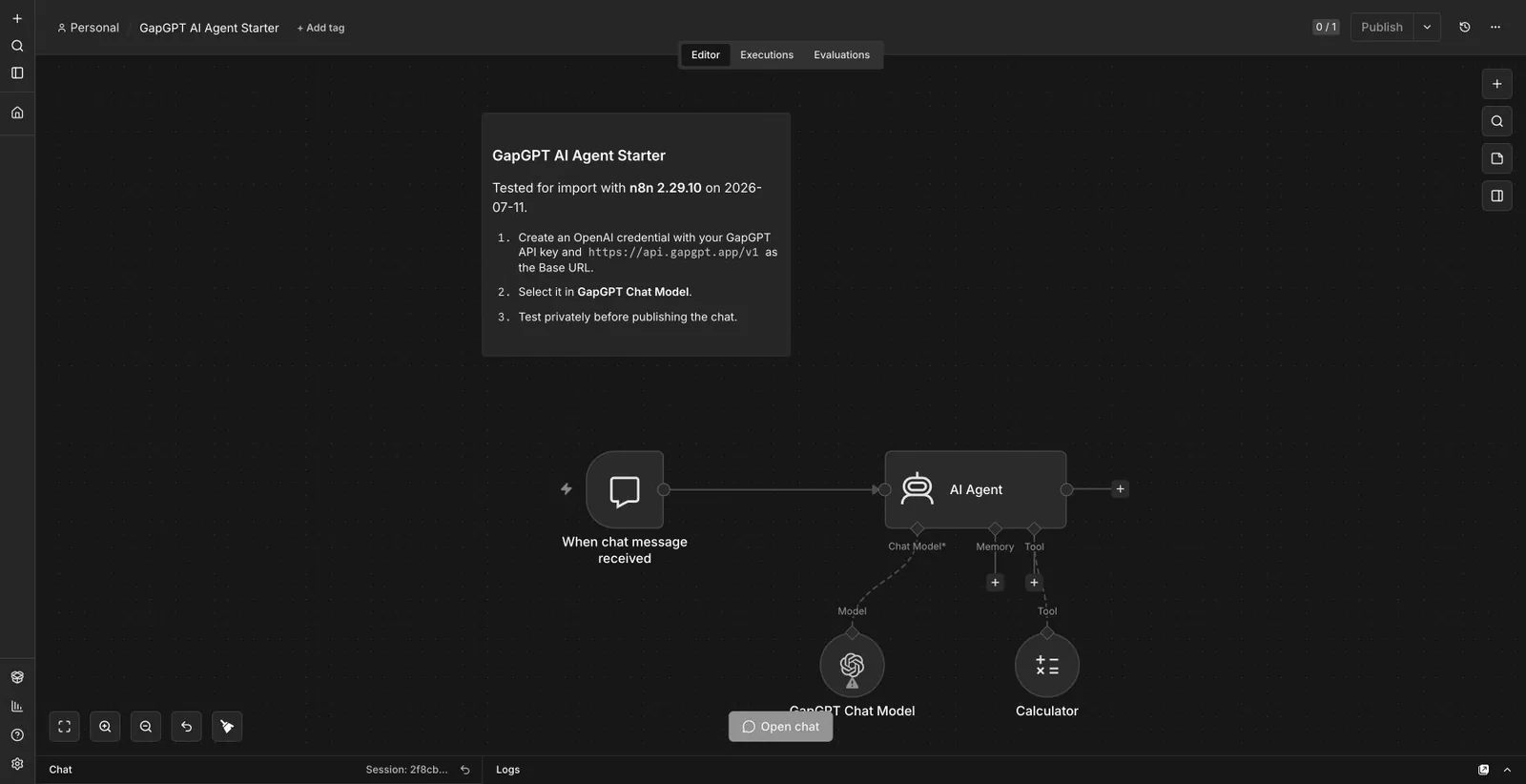 workflow واردشده GapGPT AI Agent Starter در n8n 2.29.10